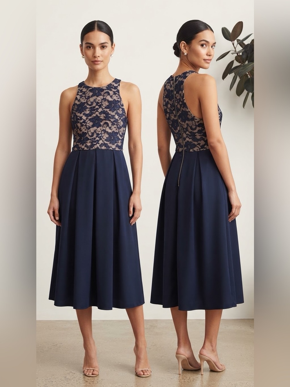 ASOS Navy Blue Lace Bodice Midi Flater Dress Size US 6